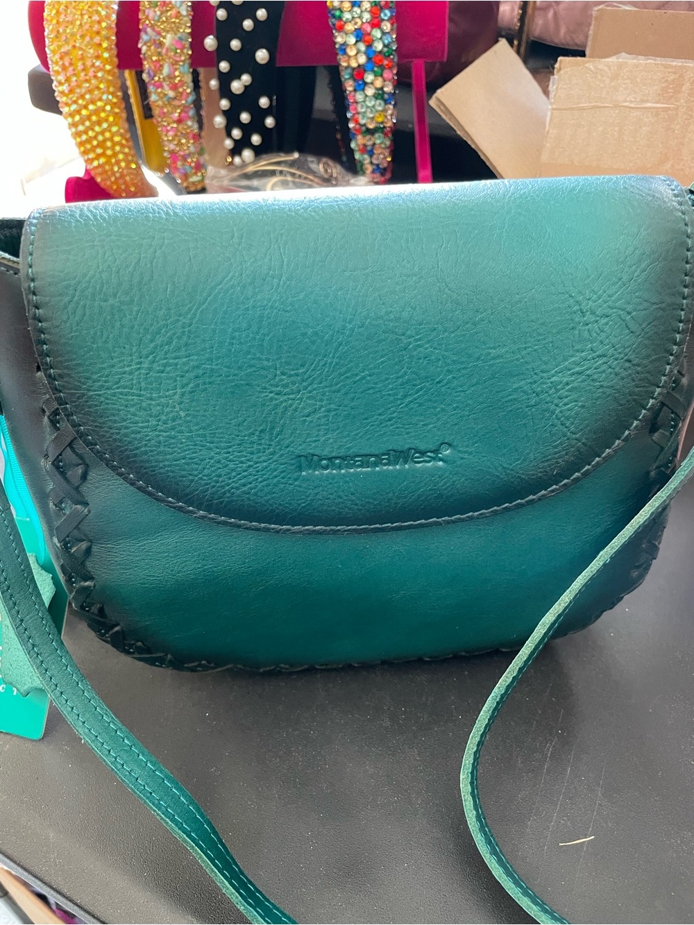 Montana West Teal Crossbody Bag with Whipstitch Trim Genuine Leather